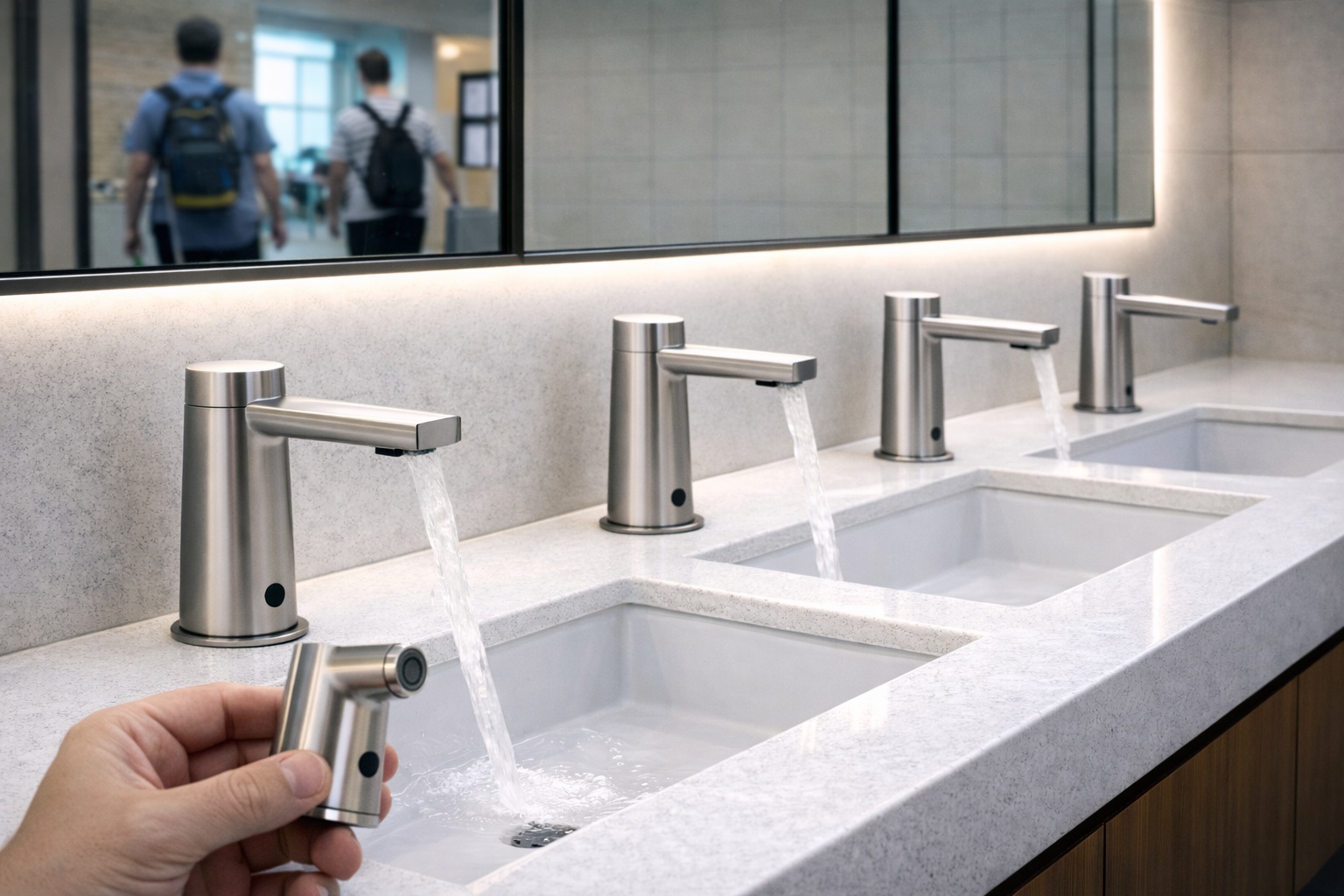 Touchless faucets installed in a modern restroom